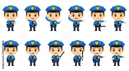 Collection of cute, cartoon police officers in different actions. Includes standing, waving, pointing, saluting, holding batons. For kids, law enforcement themes.
