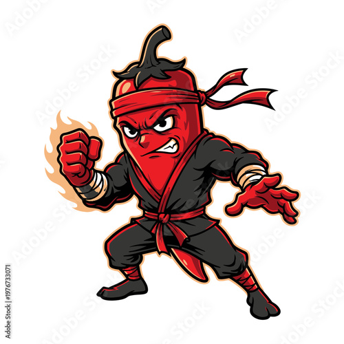 Red chili pepper ninja character in fighting stance with fiery fist.