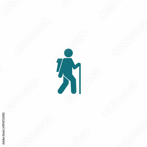 Teal hiker silhouette icon with a backpack and trekking pole, conceptualizing outdoor adventure, mountain climbing, trekking, and nature tourism for travel branding.