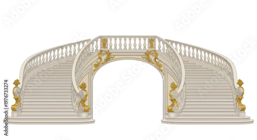Luxury bridge, golden ornamental, white railings, decorative architecture, vector illustration