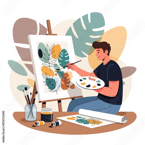 Artist painting abstract botanical art on canvas, creative hobby, inspiration