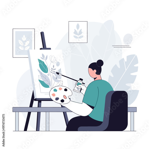 Artist painting floral artwork on canvas easel, creative hobby, art studio inspiration