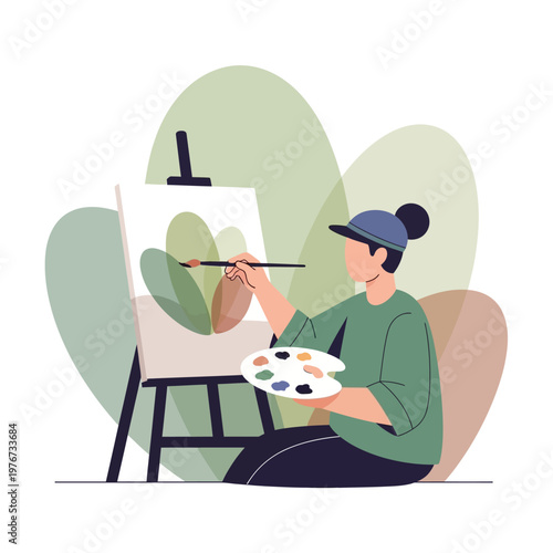Artist painting on canvas, creative process, art studio, inspiration, hobby, leisure