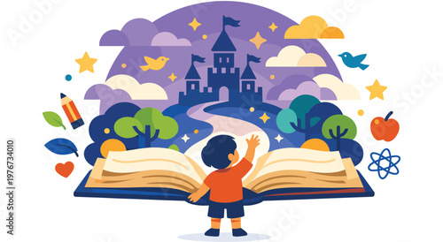 Young child stands before an open book, stepping into a magical world. A castle, stars, and whimsical elements create a sense of wonder and adventure.