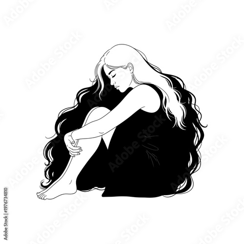 Woman in emotional distress sitting on floor in black and white illustration
