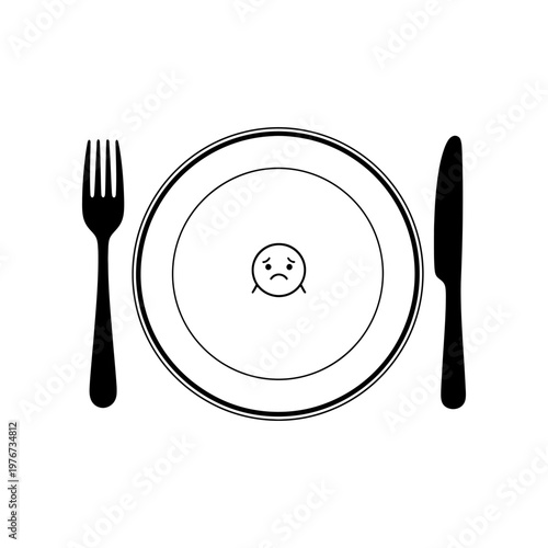 minimalist sad face dinner plate with fork and knife in black and white