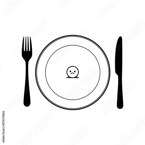minimalist sad face dinner plate with fork and knife on white background