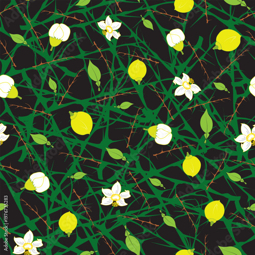 Citrus themed seamless repeat with flowers, leaves, fruits, and branches. Suitable for leisurewear, caps, table clothes, resort -related illustrations, umbrellas.