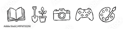 Hand Drawn Hobby and Leisure Activity Icons Sketch Style