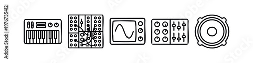 Hand Drawn Audio Equipment Icons Set including Synthesizer Mixer and Speaker