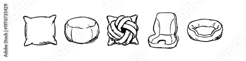 Hand Drawn Soft Furnishings Icons including Pillow Bean Bag and Pet Bed
