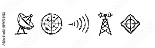 Hand Drawn Communication and Radar Icons including Satellite Dish and Tower