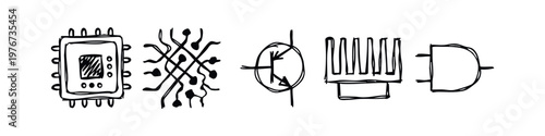 Hand Drawn Electronic Components and Circuitry Icons Set
