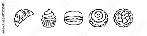 Hand Drawn Bakery and Pastry Sketch Set including Croissant Cupcake Macaron and Tart