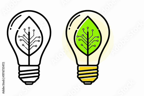 Minimalist eco-innovation green energy lightbulb vector, "Created with AI assistance and manually refined."