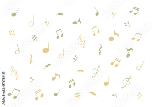 音楽記号のシンプルな手描きイラストセット（黄色・緑）