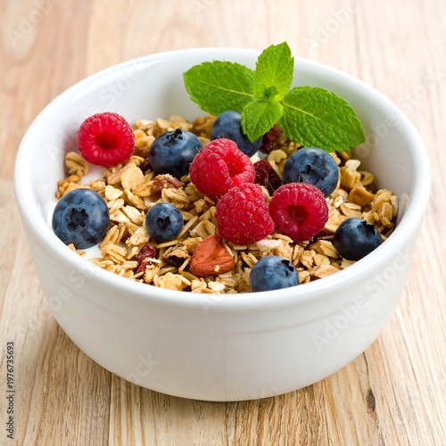 Close-up of granola with berries and mint in white bowl on wood table