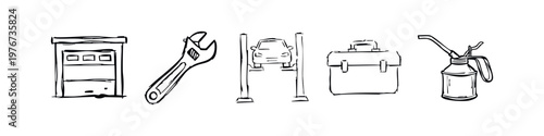 Doodle Style Hand Drawn Car Garage and Auto Repair Service Icons Collection