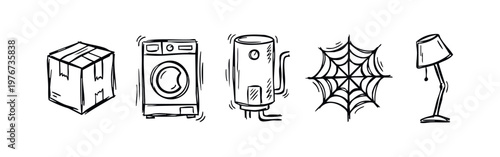 Hand Drawn Storage Basement and Household Items Icons Set in Sketchy Style