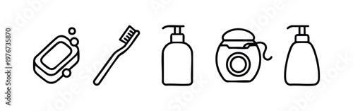Clean Line Art Personal Care and Bathroom Hygiene Icons Set for Health and Beauty