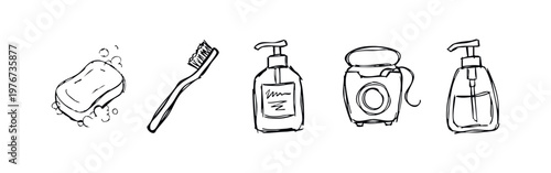 Hand Drawn Personal Care Hygiene and Bathroom Essentials Icons Set