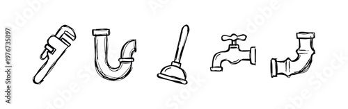 Hand Drawn Plumbing Repair and Maintenance Tools Icons Set with Sketchy Line Art