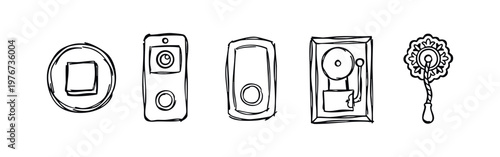 Hand Drawn Doorbell and Home Entry System Sketch Icons