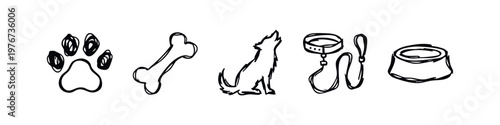 Hand Drawn Dog and Pet Supplies Sketch Icon Set