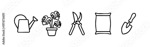 Minimalist Gardening Tool Icons with Watering Can, Plant, Shears, Soil, and Trowel