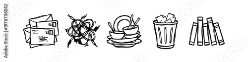 Hand Drawn Household Clutter Sketches - Letters, Tangled Cables, Dirty Dishes, Trash Can, and Books