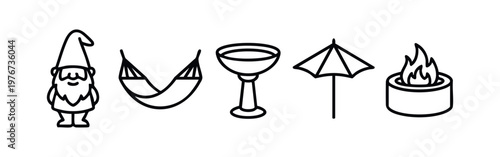 Minimalist Garden Lifestyle Line Icons with Gnome, Hammock, and Fire Pit
