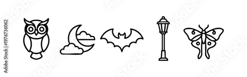Minimalist Nocturnal and Night Icons Set - Owl, Moon with Clouds, Bat, Street Lamp, and Moth