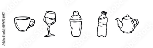Hand Drawn Drinkware and Beverage Container Sketches - Coffee Cup, Wine Glass, Shaker, Bottle, and Teapot