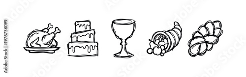 Hand Drawn Festive Food and Celebration Sketches - Roast Turkey, Cake, Chalice, Cornucopia, and Bread