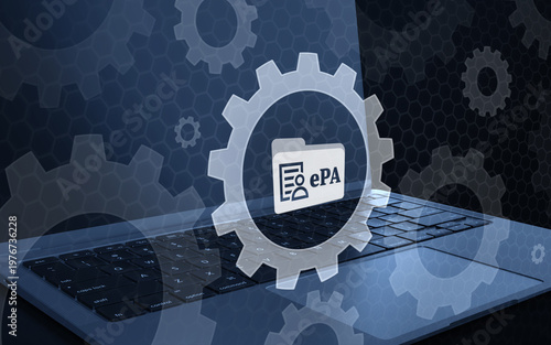 Digital Health Records and ePA Medical Settings Preferences Concept Icon over Laptop Keyboard with Gear Elements