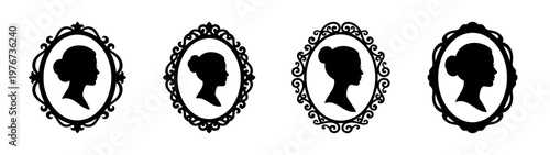 Vintage cameo silhouette portrait vector art featuring ornate frames and elegant women profiles design
