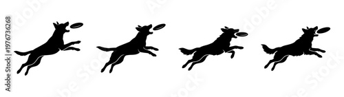 Silhouette of dog catching frisbee vector art illustration pet animal canine agility training sport jump