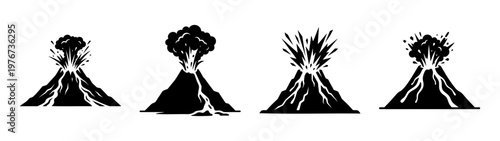 Volcano eruption stages vector illustration of volcanic activity and lava flow black and white