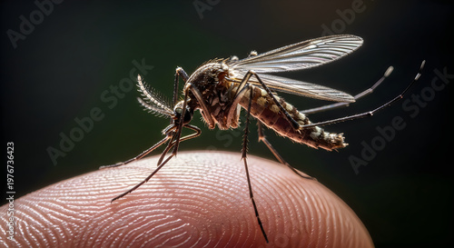 Close-up of a mosquito resting on human skin in a dark setting