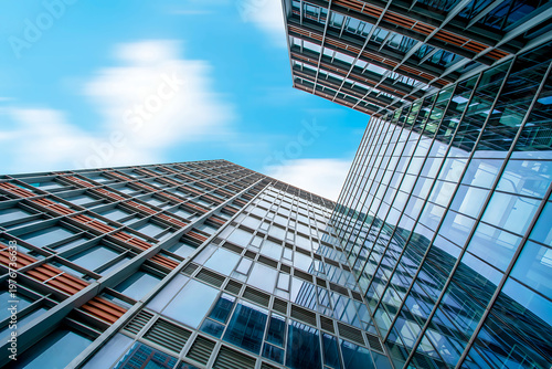 A low-angle view of two modern glass skyscrapers against a blue sky