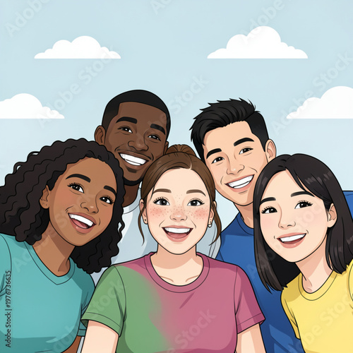 Diverse Group of Young Friends Smiling in Selfie Huddle Vector