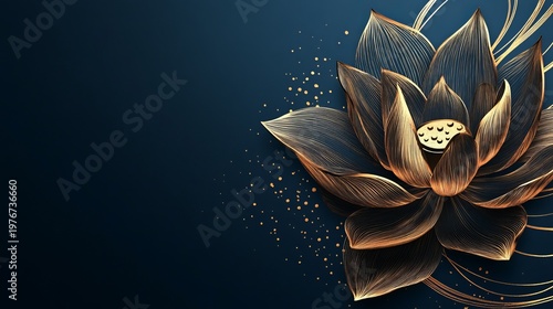 A beautiful golden lotus flower against a dark blue background with sparkling particles