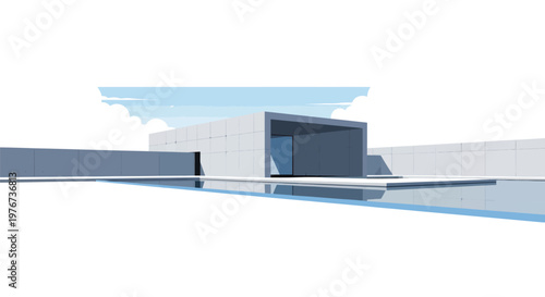 Modern architecture, sleek building, minimalist design, blue accents, futuristic look