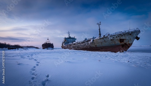 Frozen dead ships on snow