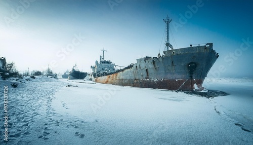 Frozen dead ships on snow