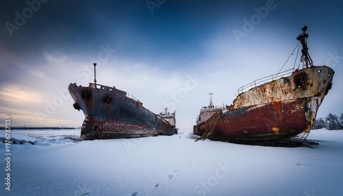 Frozen dead ships on snow
