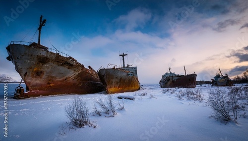 Frozen dead ships on snow