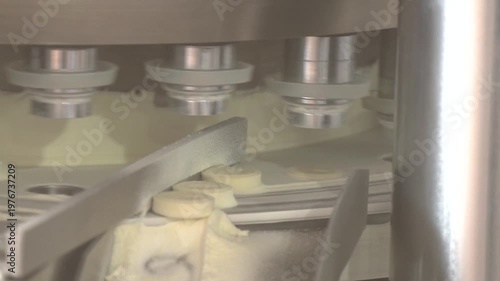 Modern manufacturing industry food. Sweets factory. Sweets production process. Conveyor belt with sweets on it. Production of sweets from dry milk.
