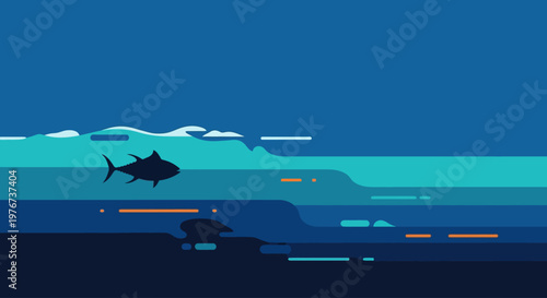 World Tuna Day Ocean Layer Background with Tuna Silhouette