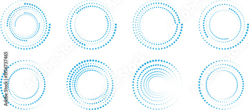 Abstract dotted circular frames set with radial halftone rings in blue gradient. Modern geometric round patterns for technology backgrounds branding and digital interface design elements pack.